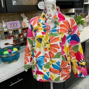 Coldwater Creek Women Sz 16 Jacket Blazer Front Zip Tropical Floral Denim Cotton